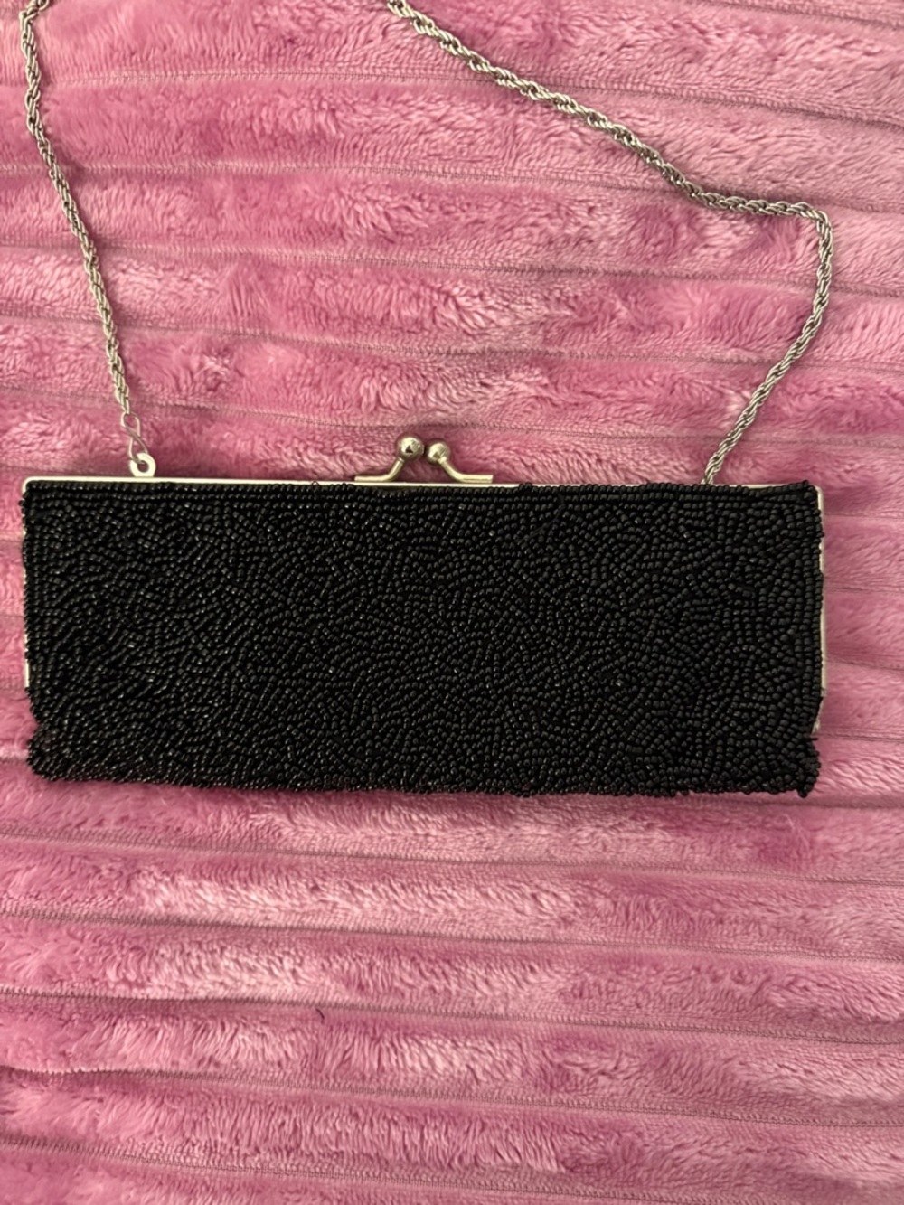 Black Beaded Evening Clutch with Silver Crossbody Chain